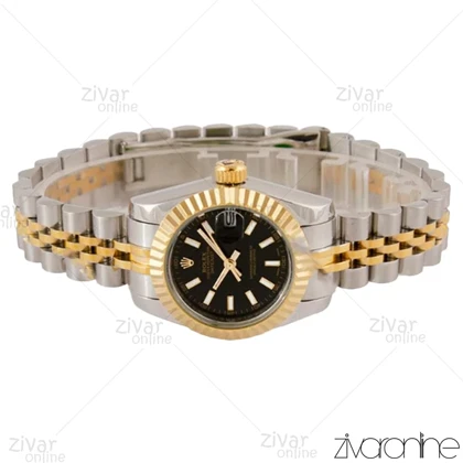 ساعت رولکس دیت جاست زنانه طلایی نقره ای صفحه مشکی اسمال 105035