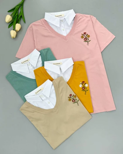 تیشرت یقه دار ساده گلدوزی کد 4705