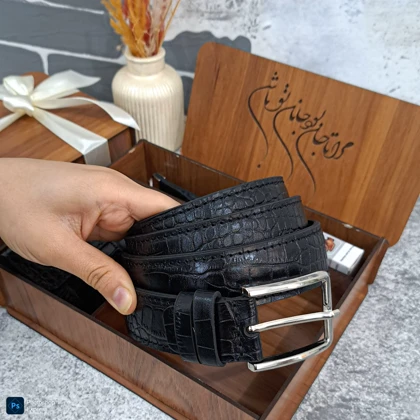 ست هدیه چرم طبیعی مردانه کمربند و جاکارتی مدل 3 تیکه روکو مشکی