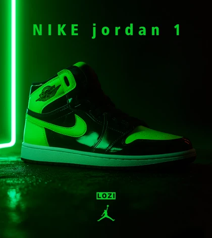 کفش کتانی مردانه و زنانه ساق‌دار مشکی سبز ورنی NIKE jordan 1
