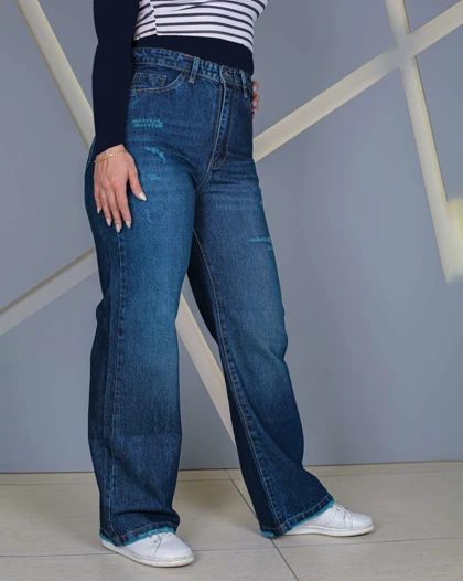 شلوار جین نیم بگ سبز آبی زنانه کمر ساده قد 105 Semi-Baggy-Jeans کد 80400