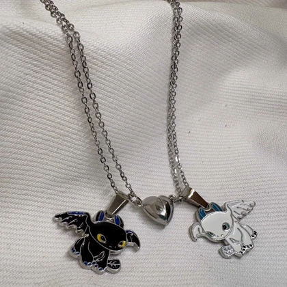 ست گردنبند دو نفره مدل «اژدها و قلب مگنتی» | پلاک مکمل با زنجیر دیپلمات استیل