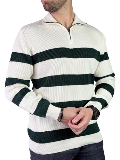 بافت مردانه برند نکست مدل نیم زیپ گرم بالا رنگ سفید سبز کد 00341