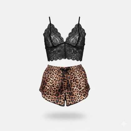 ست نیم‌تنه گیپور و شلوارک طرح پلنگی 017