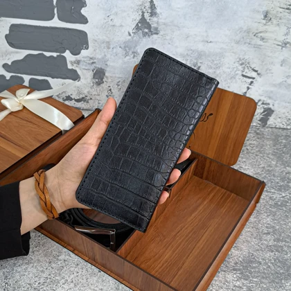 ست هدیه چرم مردانه کیف پول و کمربند مدل 4 تیکه طرح روکو