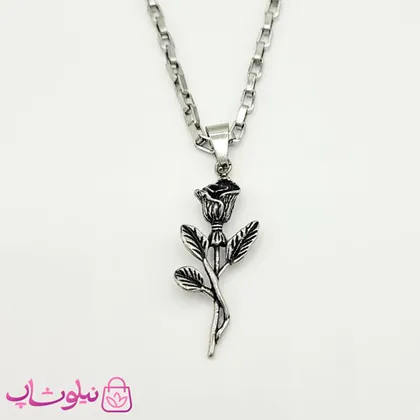 گردنبند اسپرت استیل مدل گل رز بلک سیلور