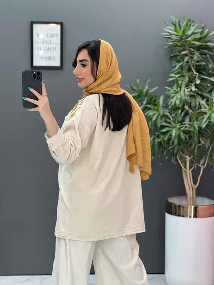 مانتو لینن گلدوزی آستین ریش