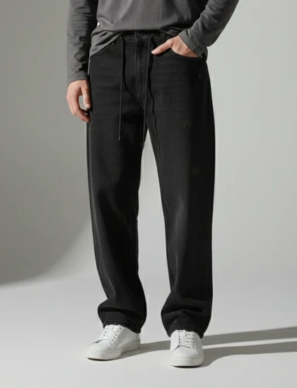 شلوار جین نیم بگ ذغالی پارچه ترک