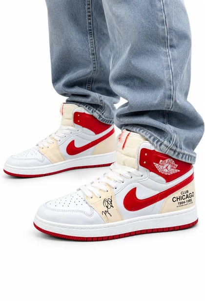 کفش کتانی مردانه مدل جردن وان ساق‌دار سفید کرم قرمز ورنی Nike jordan1