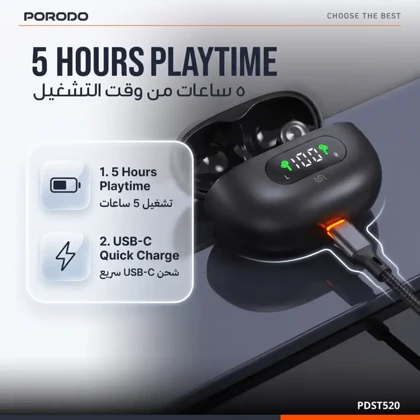 هندزفری بلوتوثی ساندتک پورودو Porodo مدل PDST520BK با نمایشگر دیجیتالی