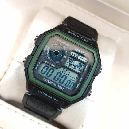 ساعت مچی مردانه طرح کاسیو جهان نما بند برزنتی سرمه ای