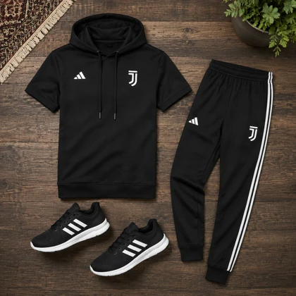 پکیج ست تیشرت کلاهدار و شلوار مردانه مدل Juventus + کفش ورزشی مردانه مدل Alshen