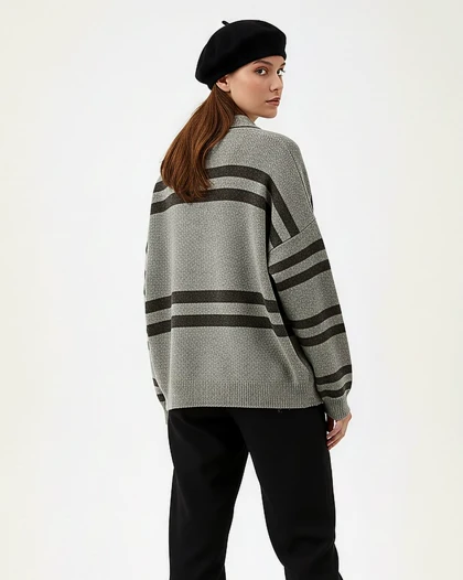 بلوز بافت زنانه یقه دار یقه هفت باکسی آستین بلند طرح دو خط دوبل کد 1870