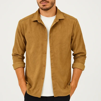 پیراهن کبریتی مردانه رنگ موکا با راه ریز استایل پاییزی شیک و خاص 1404