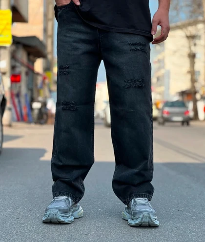 شلوار بگ زاپ پاره ذغالی مردانه پارچه ترک به تضمین