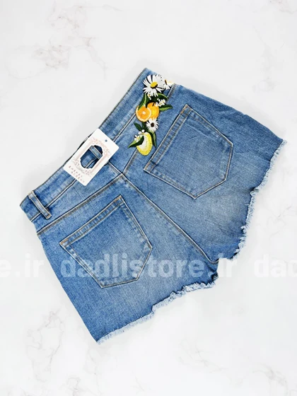 شورتک کوتاه جین گلدوزی زرد پاچه ریش