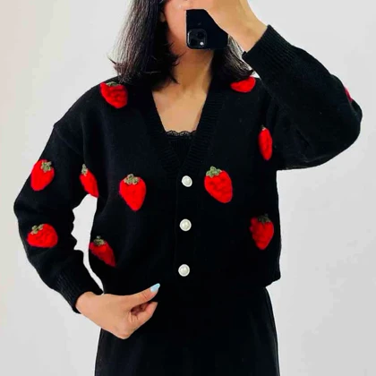 کاردیگان بافت زنانه توت فرنگی وارداتی - کد 942