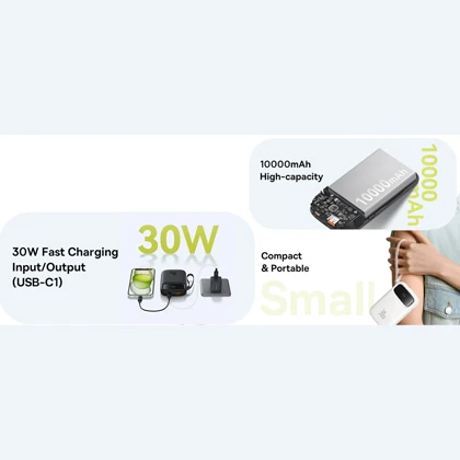 پاوربانک 10000 میلی‌آمپر USB و تایپ‌سی 30 وات بیسوس Qpow 2 PPQD4-10C