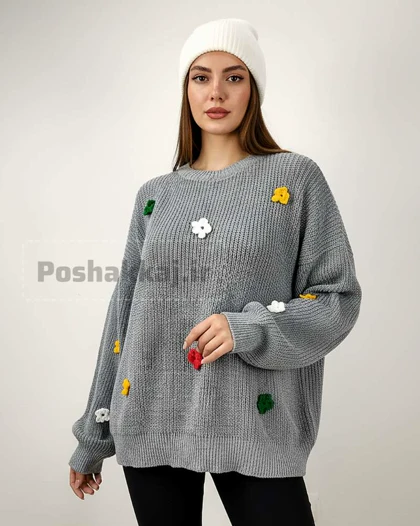 بلوز بافت زنانه لش جودان بافی آستین بلند یقه گرد خرج کار گل قلاب بافی کد 1871