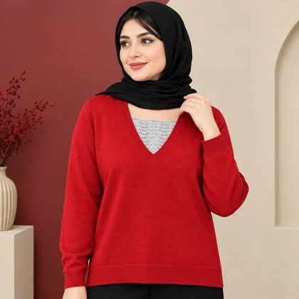 بلوز بافت وارداتی یقه هفت گیپور دار کد 6083