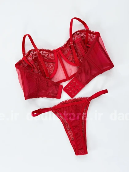 ست شورت و سوتین فنر دار پایه بلند تور و دانتل گل‌دار قرمز