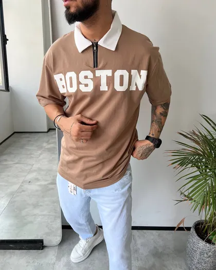 تیشرت دورس نیم زیپ دونخ خارنخورده یقه دار BOSTON رنگ نسکافه ای