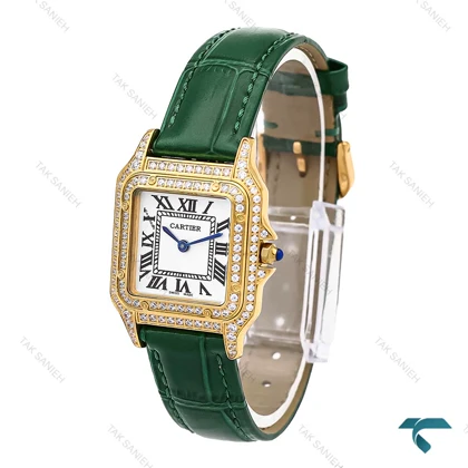 ساعت مچی کارتیر پنته طلایی بند چرم سبز فول نگین مدیوم Cartier-6275-L