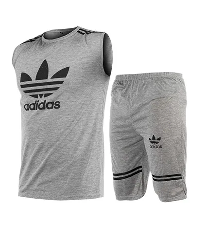 ست رکابی و شلوارک مردانه آستین حلقه‌ای طوسی Adidas ساده یقه گرد