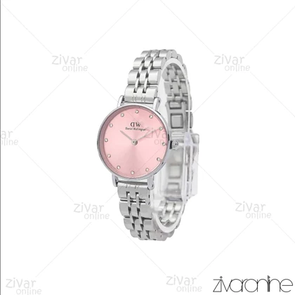 ساعت دنیل ولینگتون زنانه نقره ای صفحه صورتی ایندکس نگین‌دار 106045