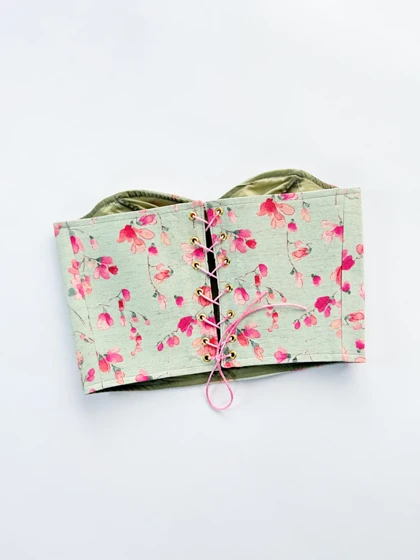 کراپ تاپ مجلسی دکلته فنر دار لینن پشت‌باز بندی