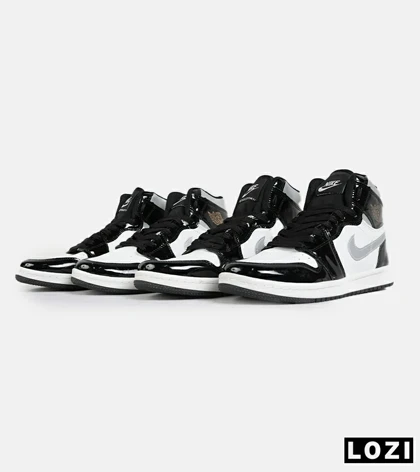 کفش کتانی مردانه و زنانه ساق‌دار مشکی سفید ورنی NIKE jordan 1