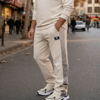 شلوار بنگال مردانه نوار پهن پایین دکمه مدل Mehrad-کرم