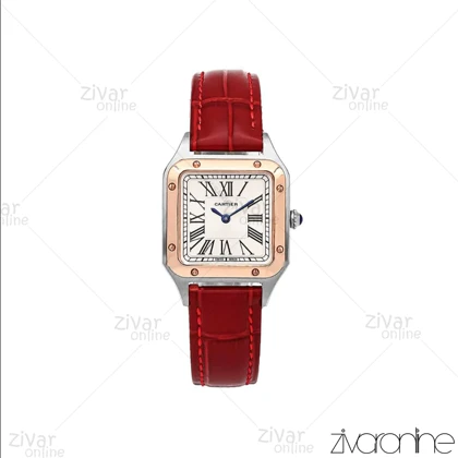 ساعت کارتیر زنانه مدل سانتوس دومونت قاب رزگلد نقره ای بند چرم قرمز 106174