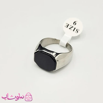 انگشتر مردانه استیل با رکاب نقره ای براق با سنگ مشکی چند وجهی کیفیت مستر کد 750