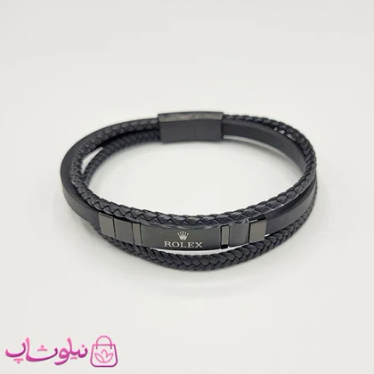 دستبند مردانه چرم استیل مدل رولکس فول مشکی کیفیت مستر کد 1150