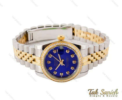 ساعت رولکس زنانه طلایی نقره ای نگین‌دار صفحه سرمه ای Rolex-3510-L