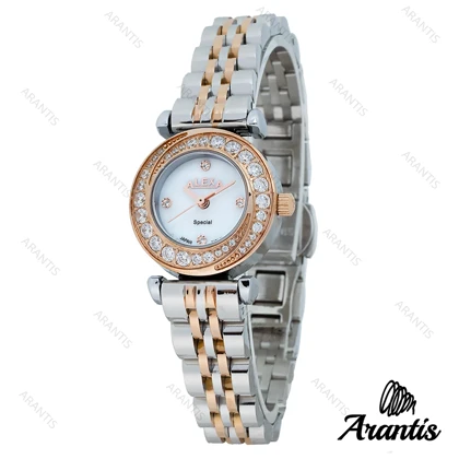 ساعت الکسا 2000z زنانه دو رنگ رزگلد صفحه سفید دورنگین w-10105