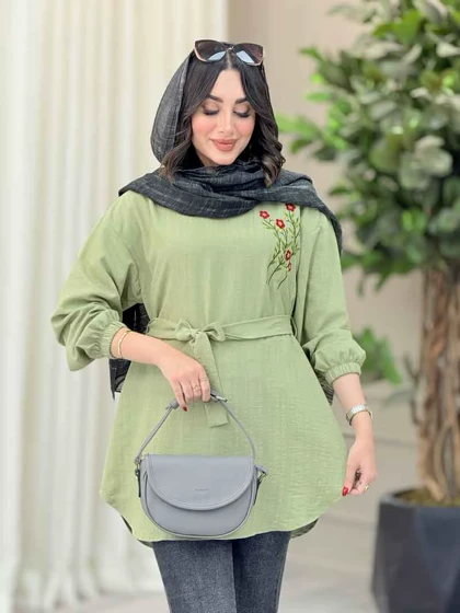 مانتو گلدوزی جلوبسته کمردار