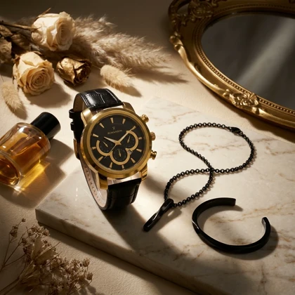 پکیج ساعت romanson مشکی طلایی مدل B62 + ست گردنبند و بنگل پیچ خورده مشکی