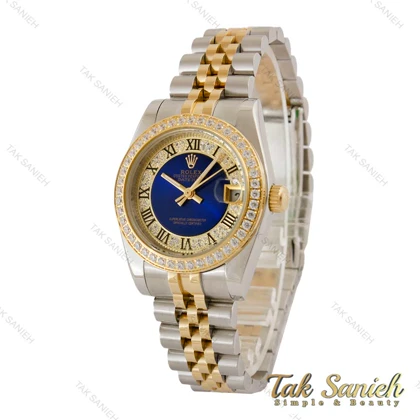 ساعت رولکس زنانه دورنگ طلایی دورنگین ایندکس یونانی صفحه آبی Rolex-5121-M-L