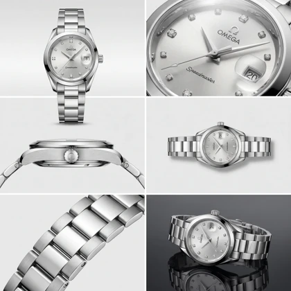 ساعت مچی زنانه امگا SPEEDMASTER مدل OMEGA-2362 بند استیل نقره‌ای صفحه سفید صدفی نگین‌دار