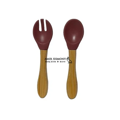 قاشق و چنگال سیلیکونی زرشکی minikoioi