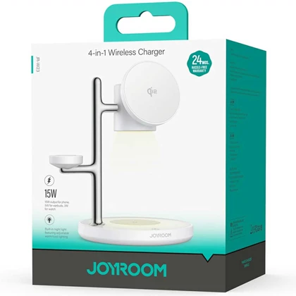 شارژر وایرلس Qi2 گوشی، اپل واچ و ایرپادز 4 کاره جویروم JOYROOM JR-W23 با چراغ خواب