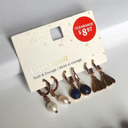 ست 3 جفتی گوشواره حلقه‌ای زنانه با سنگ طبیعی لاجورد، مروارید و آویز بادبزنی – آبکاری رزگلد