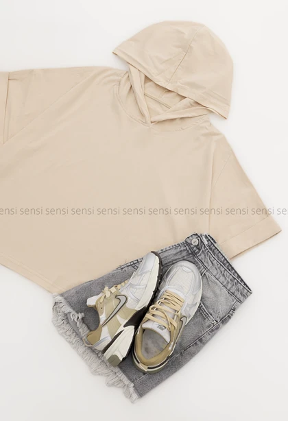 تیشرت زنانه باکسی کلاه دار رنگی کد1006034