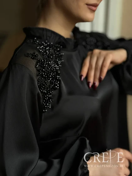 شومیز ساتن سرشانه تور سنگدوزی