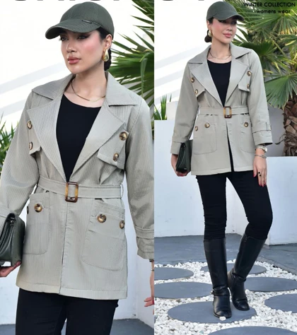 بارانی زنانه میله ای دو جیب