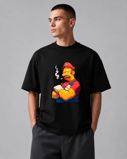 تیشرت باکسی طرح ترکیبی سوپرماریو و سیمپسون سبک Cartoon Mashup Streetwear
