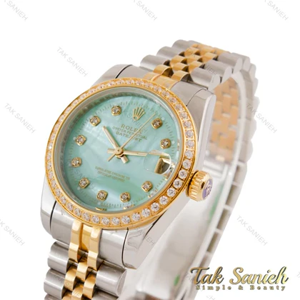 ساعت رولکس زنانه دورنگ طلایی دورنگین صفحه فیروزه ای Rolex-4848-L
