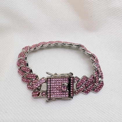 دستبند چین فول نگین صورتی | قفل کتابی